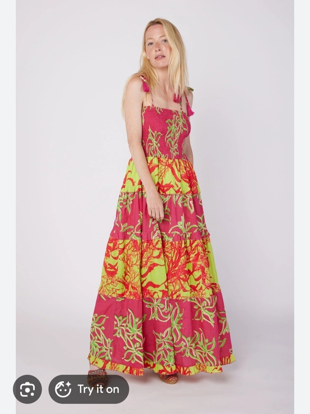 Dianora Spaghetti Strap Smocked Tiered Maxi Dress. Raspberry/Lime. Size L